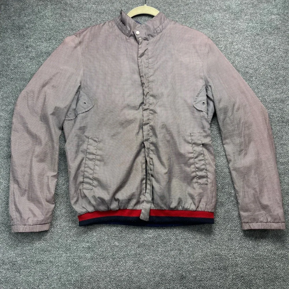 Gucci Vintage Micro Check Bomber Jacket Men Brown Blue Striped Hem Made in Italy